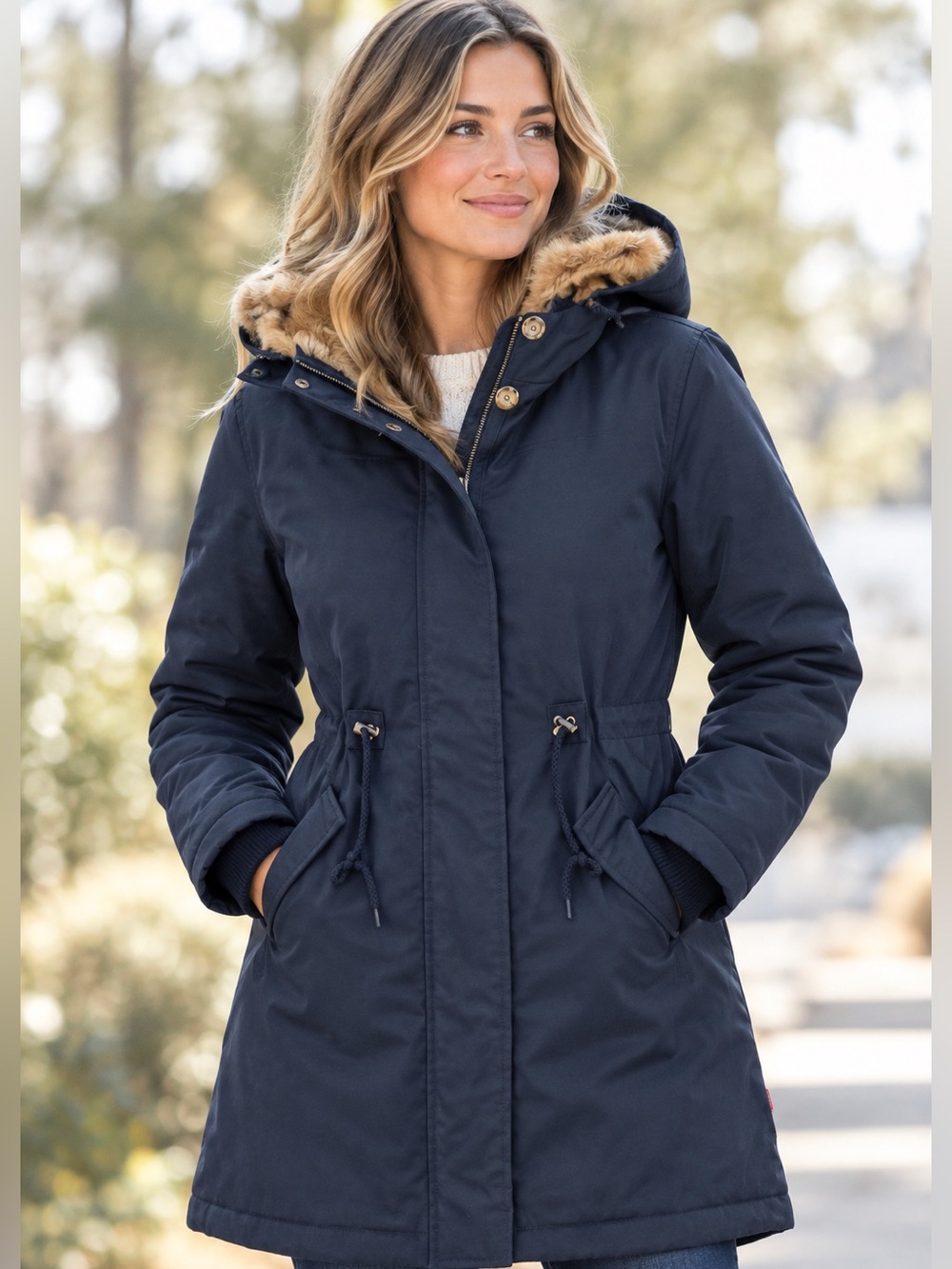 Levis Womens Navy Blue Faux Fur Lined Hooded Parka Jacket Size M
